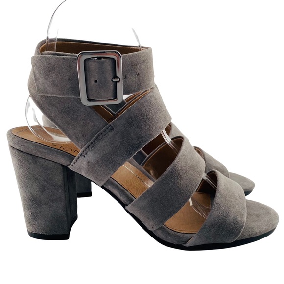 NEW Vionic Blaire Gray Suede Leather Peep Toe Block Heel Sandals - Picture 3 of 13